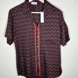 Raga Man Button Up Shirt Medium Mens Black Red Floral Short Sleeve Casual New